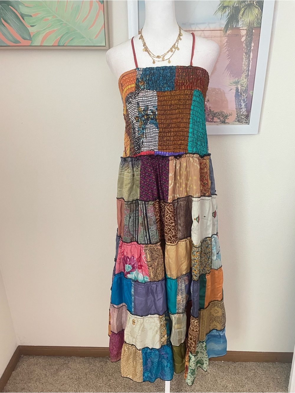 The Pyramid Collection Smocked Patchwork Silk Blend Long Dress Size 1X